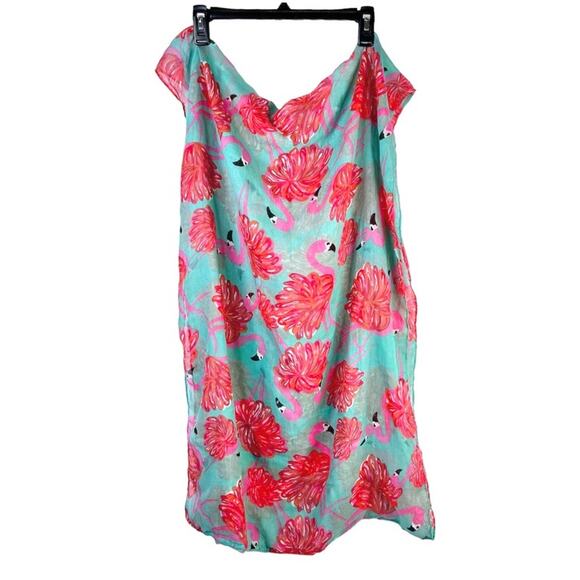 Flamingo Print Cowl Scarf Polyester Ocean Green Pink Peach Color 26”x36.5” - Picture 1 of 6